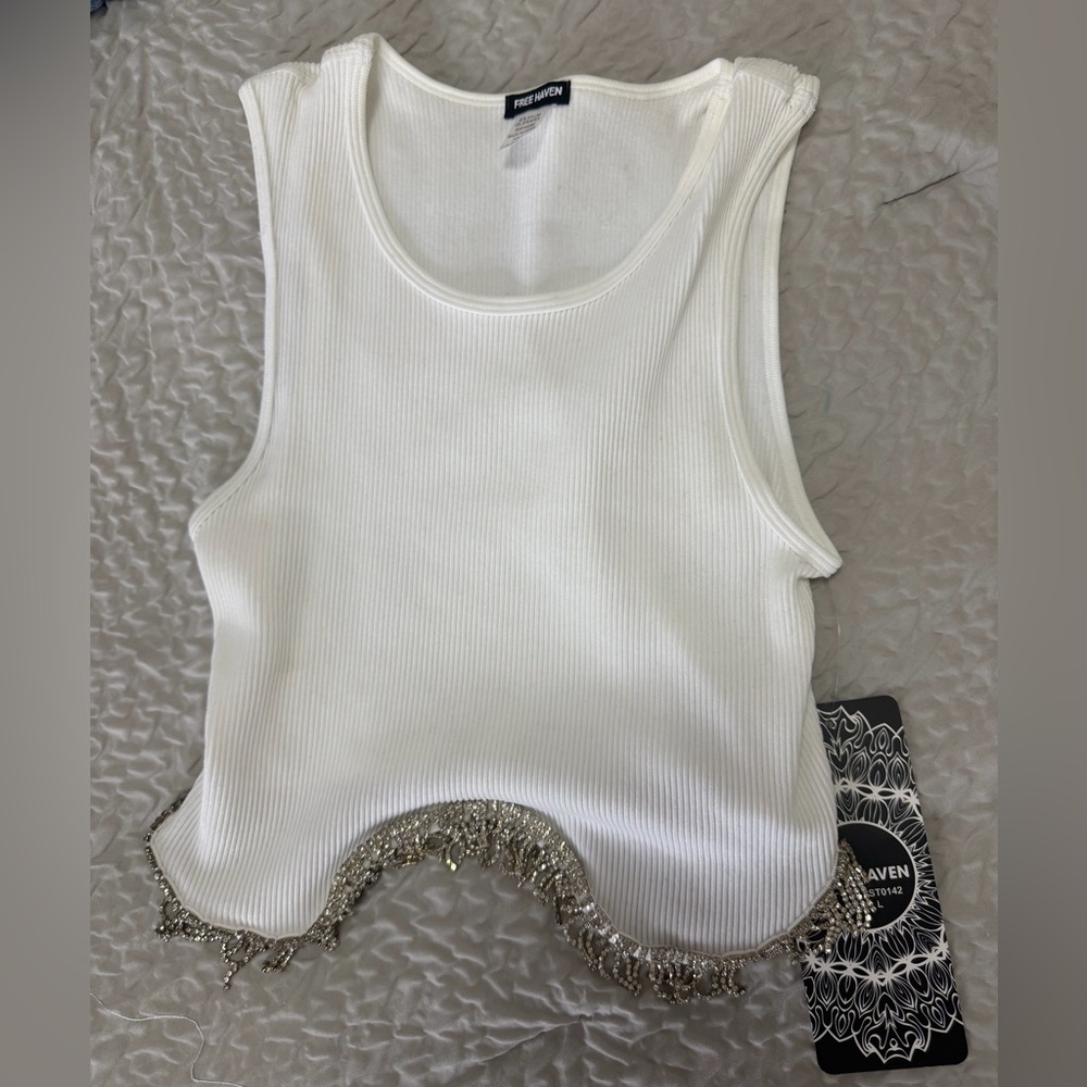 White Ribbed Tank Top with Silver Beaded Hem